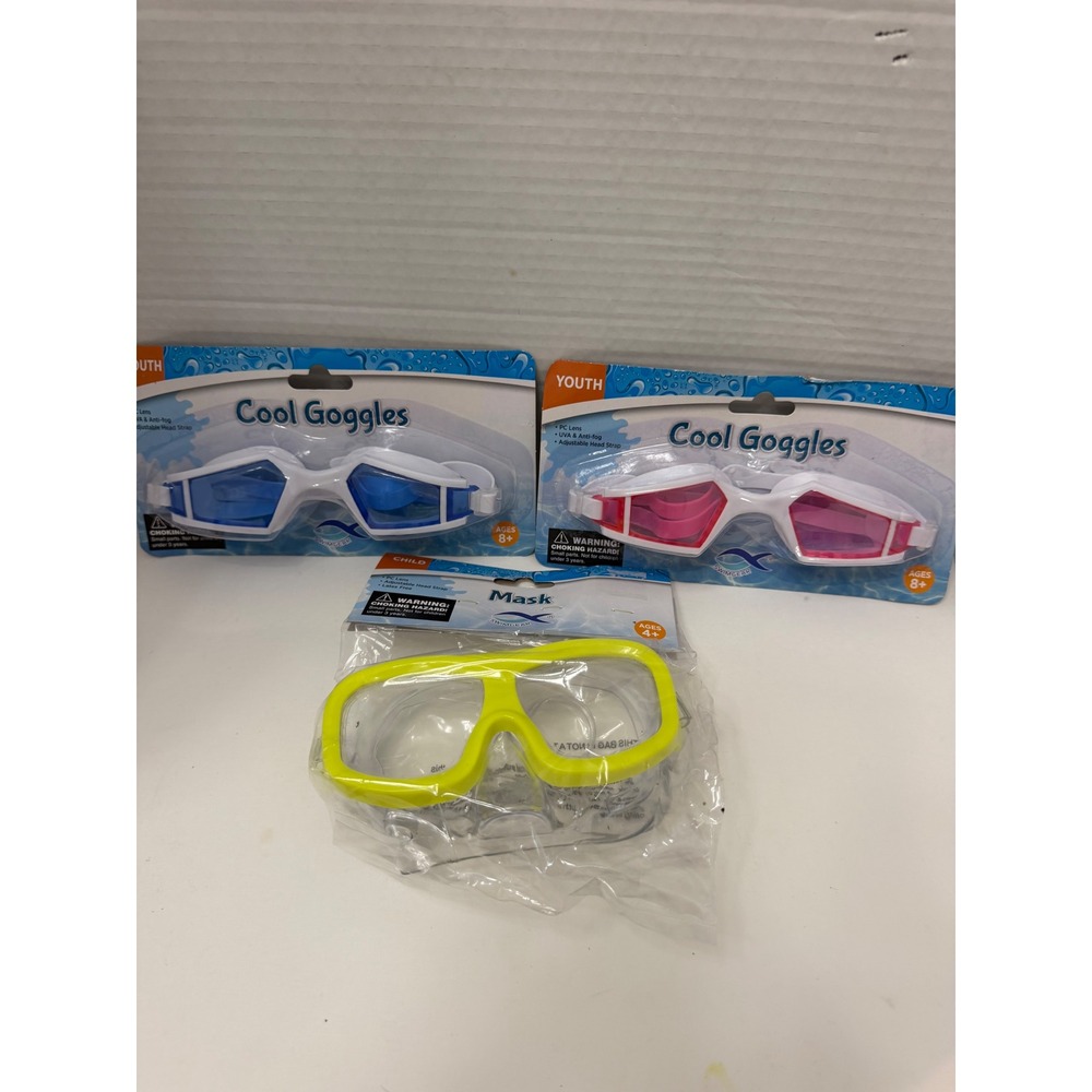 Swimgear Youth Cool Goggles and Child Mask Set Blue Pink Yellow‎ 3 Pack NEW